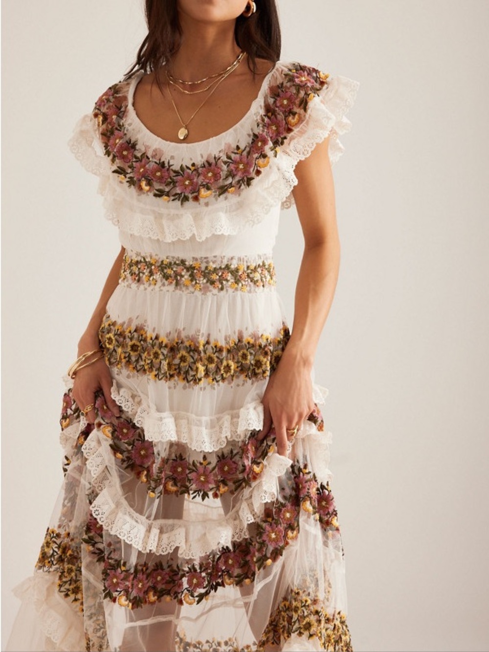 Anthropologie Ruffle Sleeve Sheer Chiffon Floral Embroidered Tiered Maxi Dress 8
